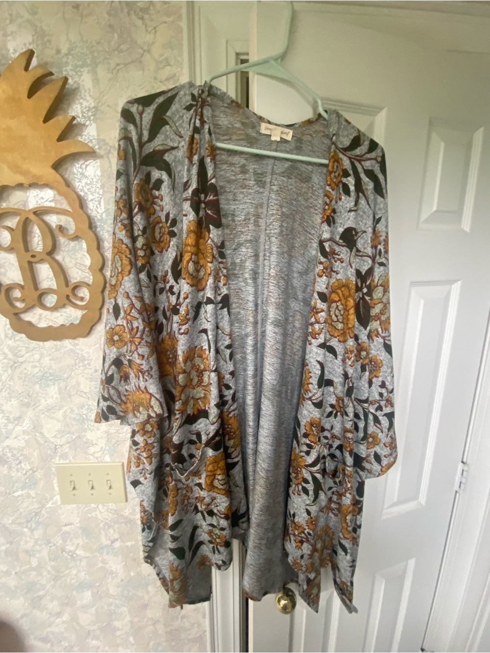 Floral Open-Front Kimono Cardigan - Gray with Mustard Floral